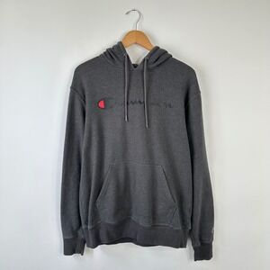 Champion Hoodie Mens Medium Gray Spellout Logo Pullover Sweatshirt Authentic